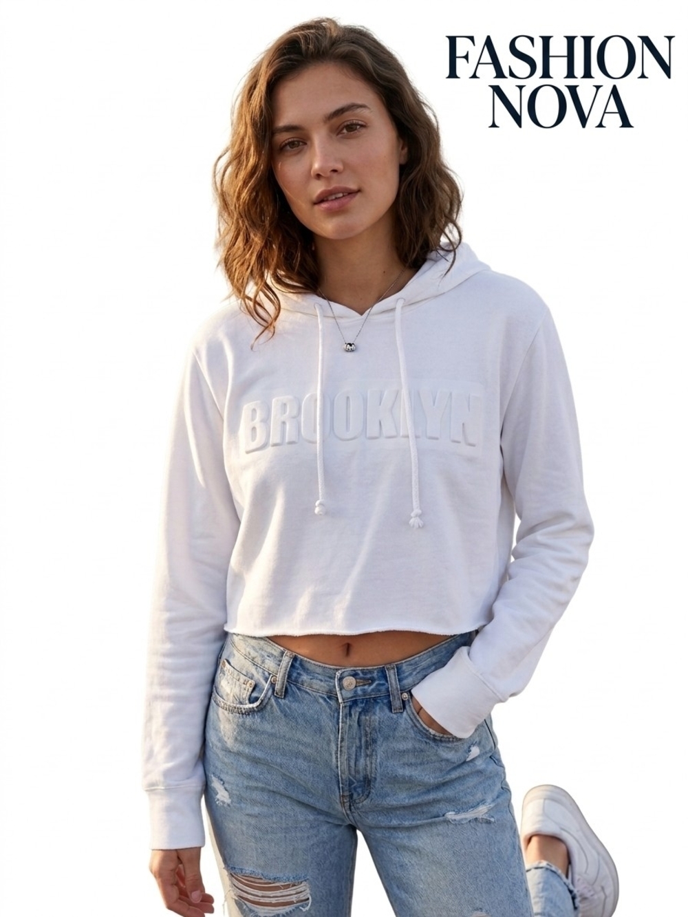 Fashion Nova White Cropped 'Brooklyn' Hoodie Size-Small